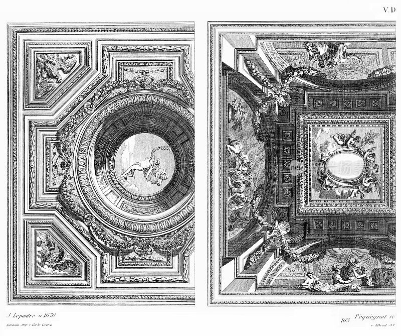 天花板，Pierre Lepautre，约1670年(2个图案)，路易十四时期，Old decor 1875年。